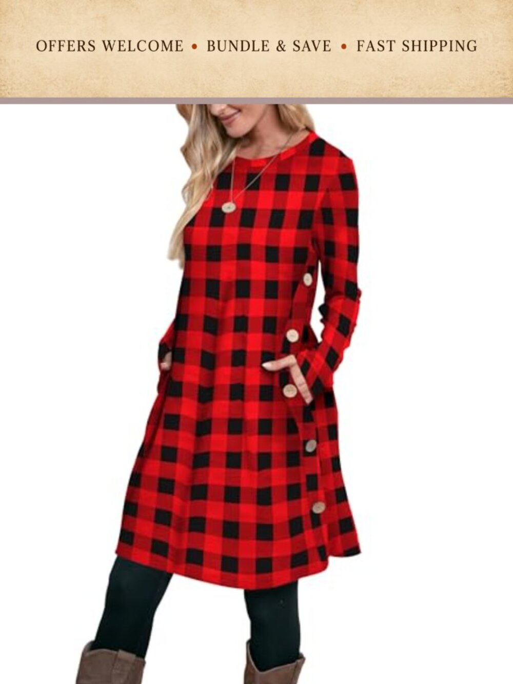 Womens Long Sleeve Casual Fall Dress with Pockets Buttons Midi A-Line